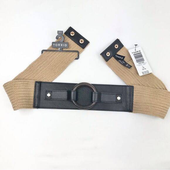 Torrid Black Leather Tan Woven Stretch Belt with Wood Circle NEW - Picture 4 of 8